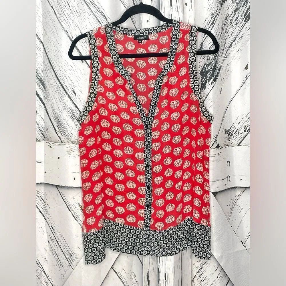Tolani Floral Silk Sleeveless Top Red Black M